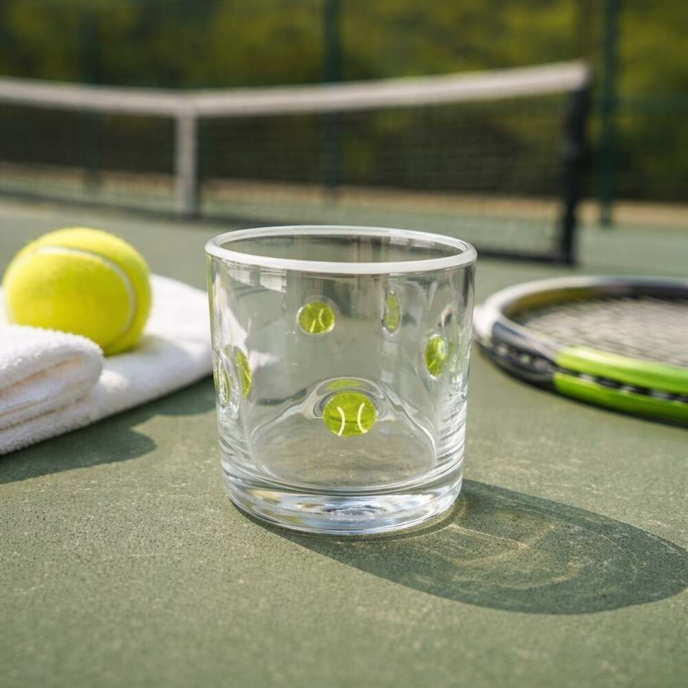 New Glass White & Green Tennis Ball Sports Tumbler Beverage Glass Cup White Rim